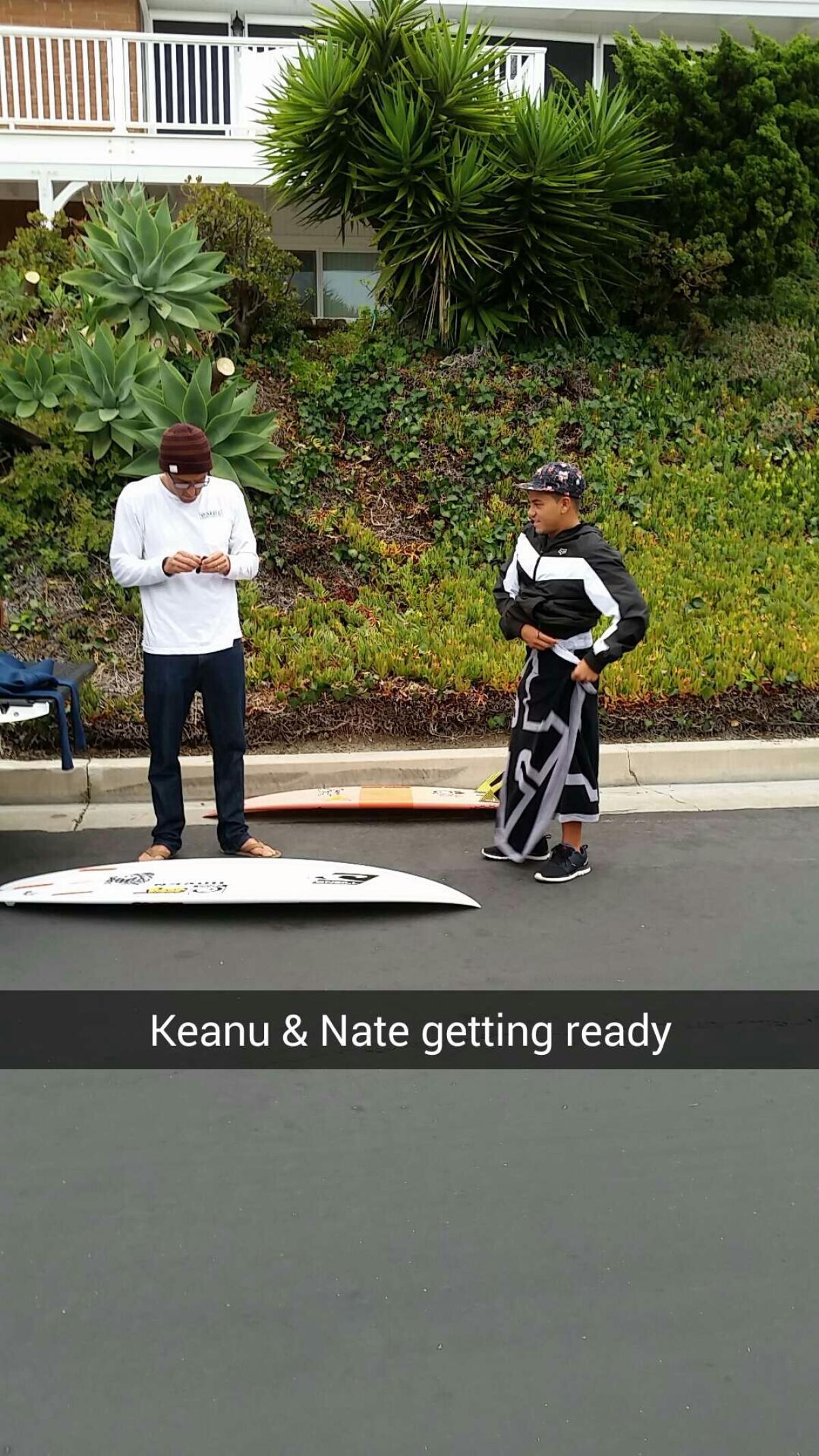 Keanu Asing and Nate Yeomans, prepping for a morning session with the WSL.