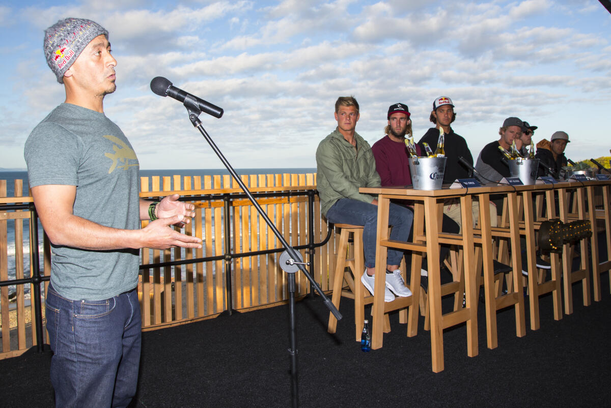 Big wave surfer Ramon Navarro address the media at the Corona Open JBay which kicked off today with the press conference featuring (left to right) Dale Staples, Matt Wilkinson, Jordy Smith, John John Florence, Mick Fanning and Adriano de Souza.
