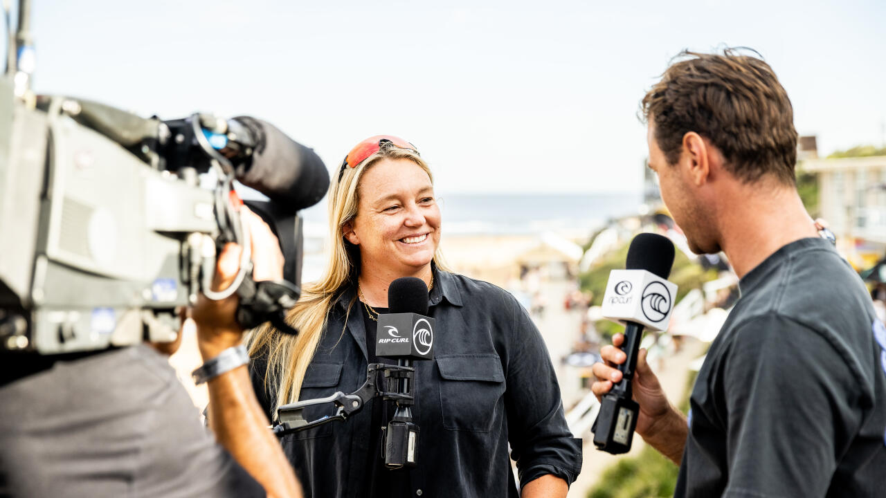 NEWCASTLE, AUS - APRIL 9: Jessi Miley-Dyer of Australia calls the womens Quarterfinals of the Rip Curl Newcastle Cup presented by Corona on, on April 9, 2021 in Newcastle, Australia. (Photo by Matt Dunbar/World Surf League via Getty Images)