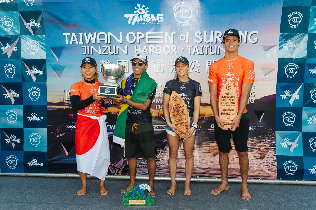 TAITUNG, TAIWAN - NOVEMBER 29 :  The 2019 Taiwan Open of Surfing World Junior Champions (L to R ) Amuro Tsuzuki of Japan, Lucas Vicente of Brasil, Alyssa Spencer of The United States, Kade Matson of the United States at The 2019 Taiwan Open of Surfing Wor