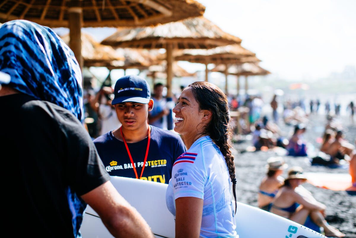 Malia Manuel of Hawaii on finding out she placed second in Heat 4 of Round 3 at the Corona Bali Protected, 2018.