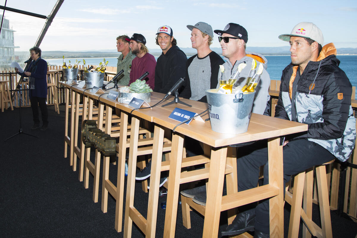 The Corona Open JBay kicks off with the press conference featuring (left to right) Dale Staples, Matt Wilkinson, Jordy Smith, John John Florence, Mick Fanning and Adriano de Souza.