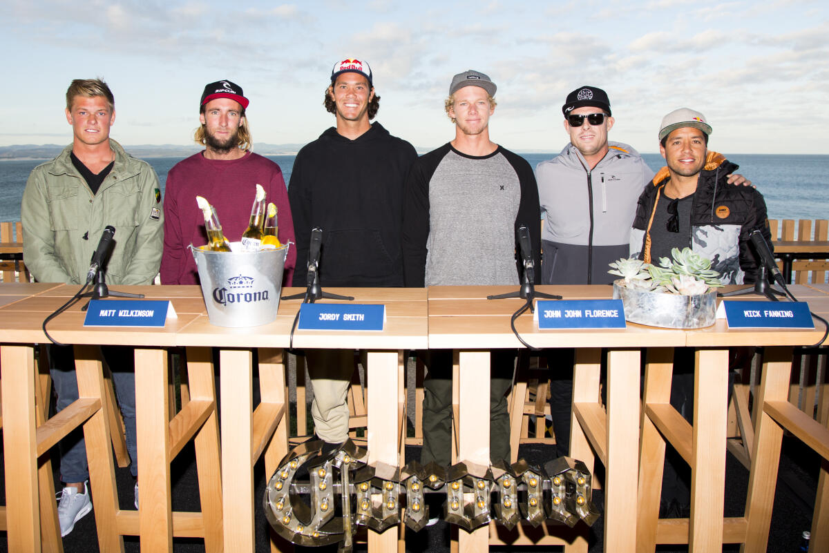 The Corona Open JBay kicks off with the press conference featuring (left to right) Dale Staples, Matt Wilkinson, Jordy Smith, John John Florence, Mick Fanning and Adriano de Souza.
