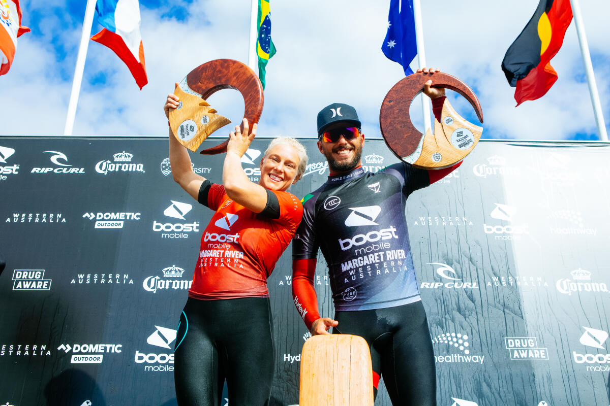 MARGARET RIVER, AUS - MAY 10: The winners of the Boost Mobile Margaret River Pro presented by Corona on May 10, 2021 in Margaret River, WA, Australia. (Photo by Cait Miers/World Surf League via Getty Images)
