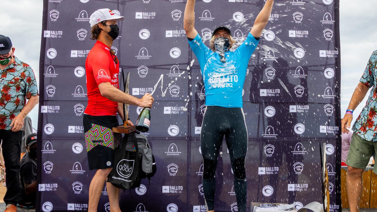 BALLITO, KWAZULU-NATAL, SOUTH AFRICA - DECEMBER 18: Jordy Smith toasting Adin Masencamp as winner of the Ballito Pro presented by O'Neill on December 18, 2021 at Willard Beach, Ballito, South Africa (Photo by Pierre Tostee/World Surf League).