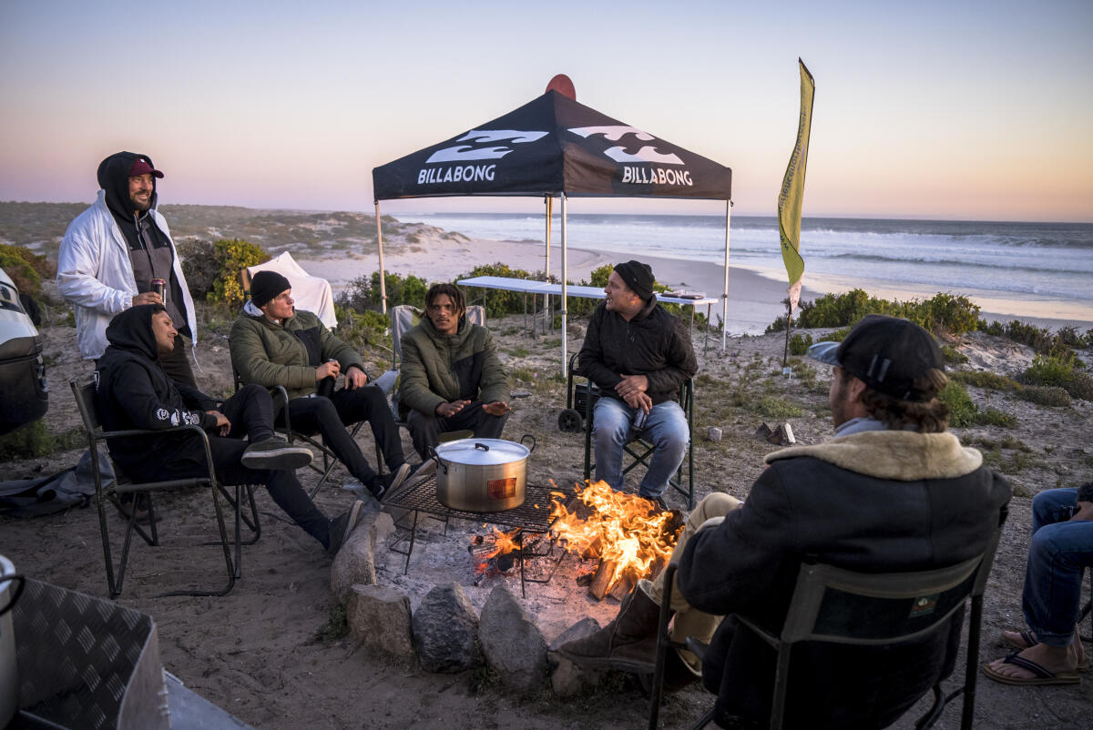 NAMAKWA CHALLENGE, HONDEKLIPBAAI, NORTHERN CAPE, SOUTH AFRICA - AUGUST 24: Camp fire with contestants on August 24th, 2021 Hondeklipbaai, Northern Cape, South Africa. (Photo by Alan van Gysen/World Surf League)