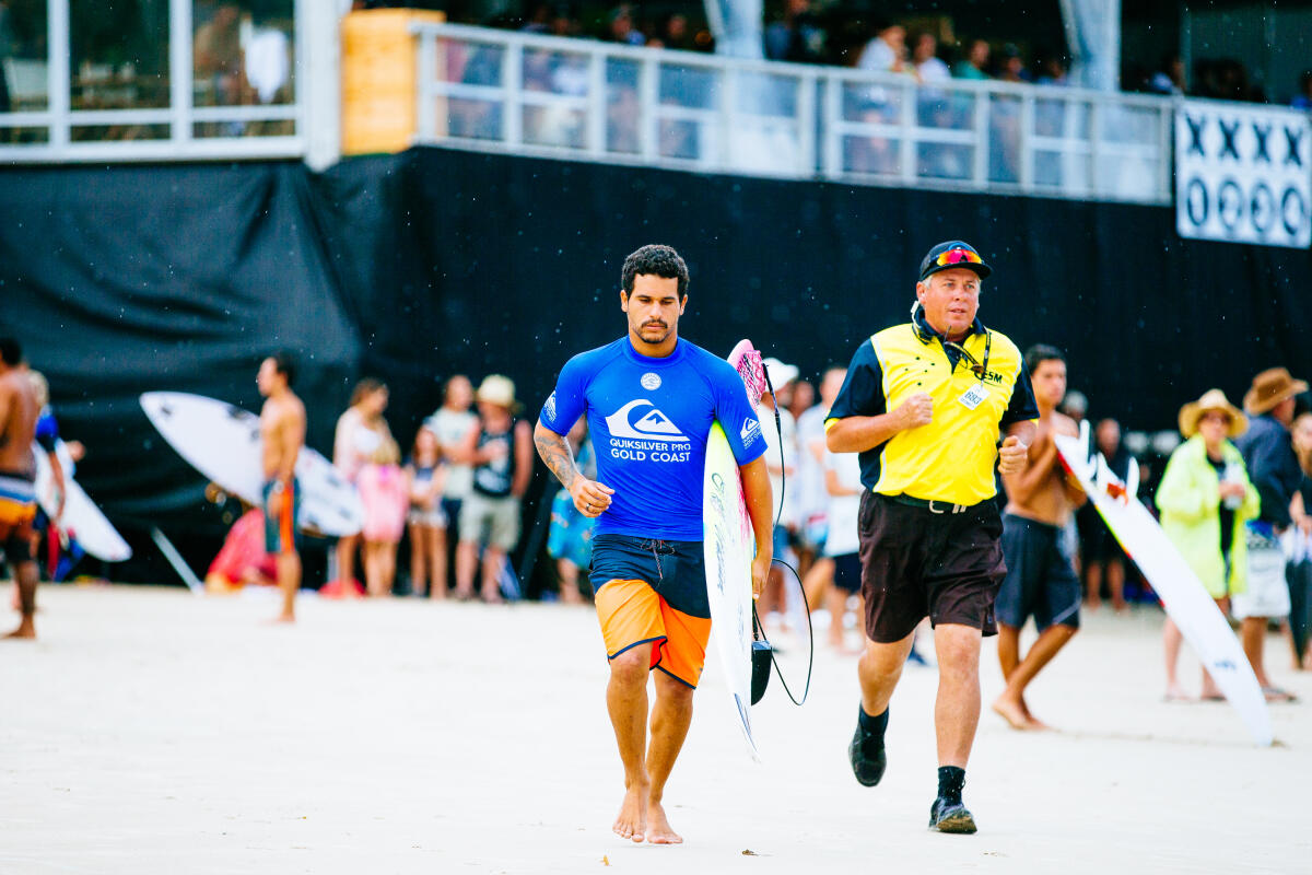 Italo Ferreira heading out for Heat 2 of the Quarter Finals at the Quik Pro, Gold Coast, Australia.