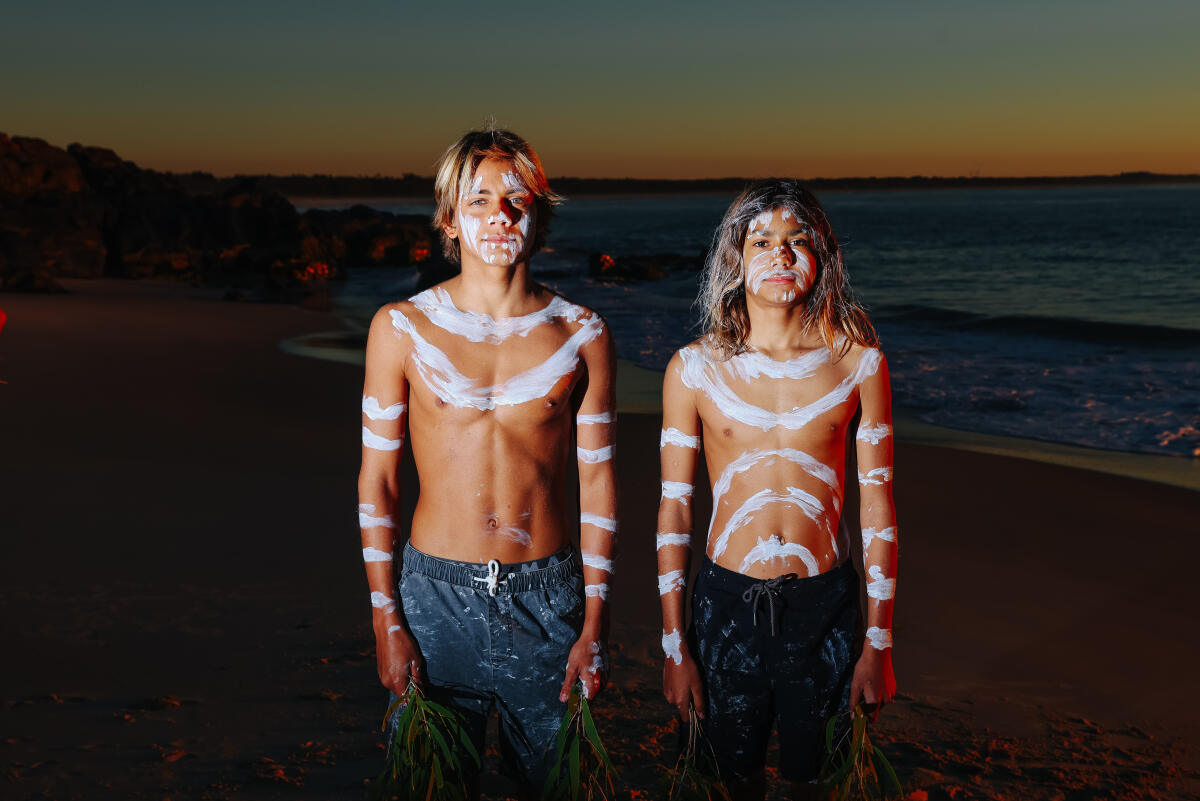 Members of local indigenous group Juraki Surf Culture at the Welcome To Country on the opening day of the 2021 Oakberry Tweed Coast Pro